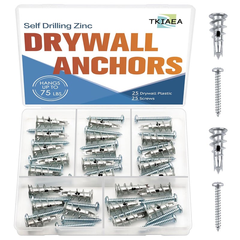 Tkiaea Zinc Self-Drilling Drywall Anchors Kit, 25 Heavy Duty Metal Anchors + 25 #8 x 1-1/4"Screws, Total 50 Pieces - Image 1